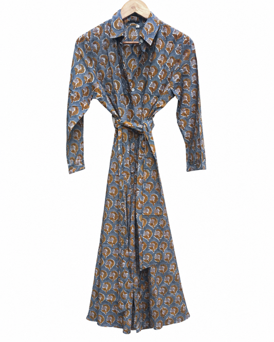 Grey and Ochre Cotton Shirt Dress