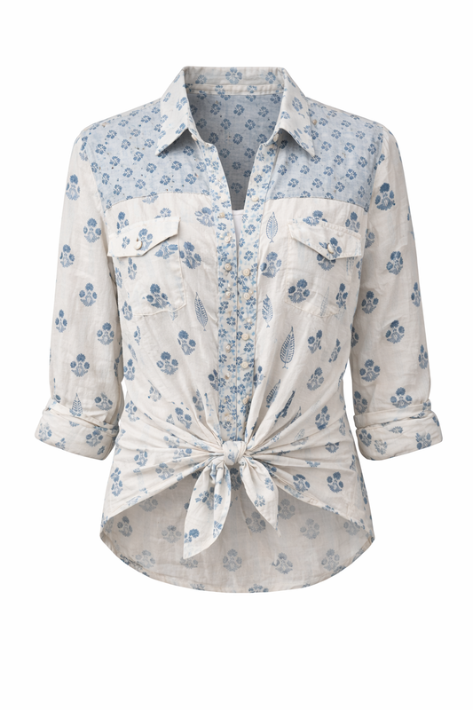 Western style woodblock printed cotton voile shirt