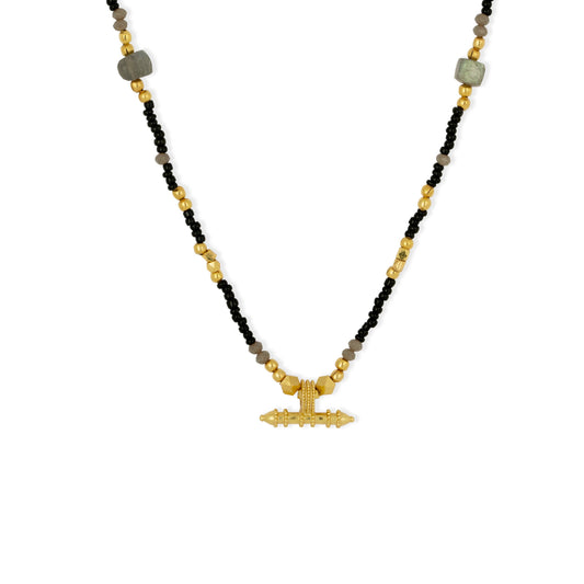 Sadie Black & Grey Beaded Necklace with Gold T-bar