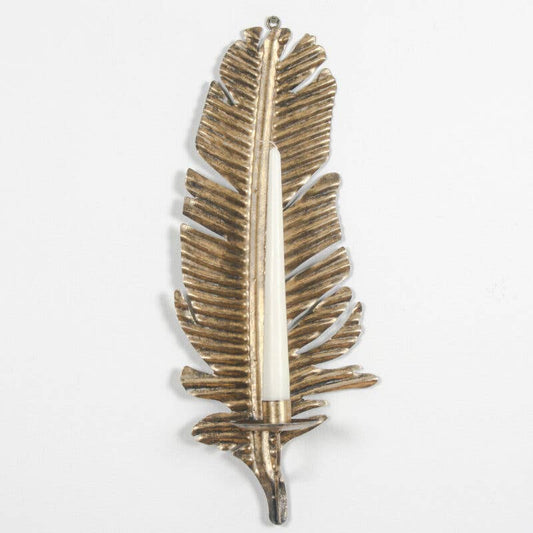 Antique Gold Metal Feather Wall Candle Sconce Holder