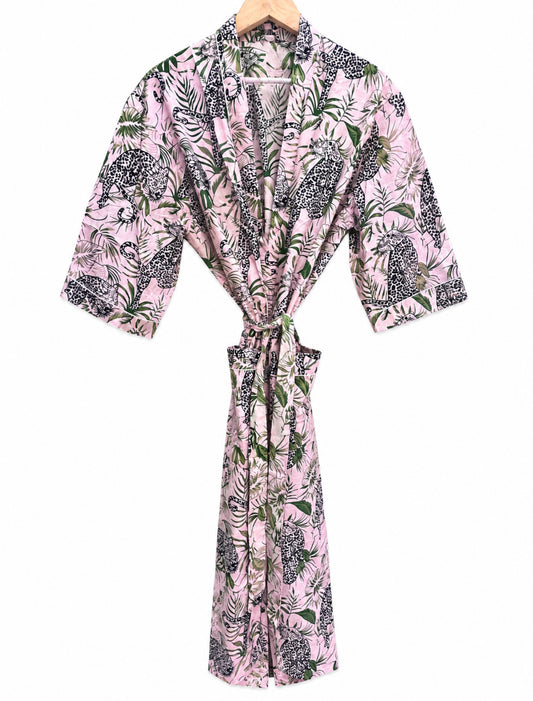 Pink Leopard Leaf Kimono Dressing Gown