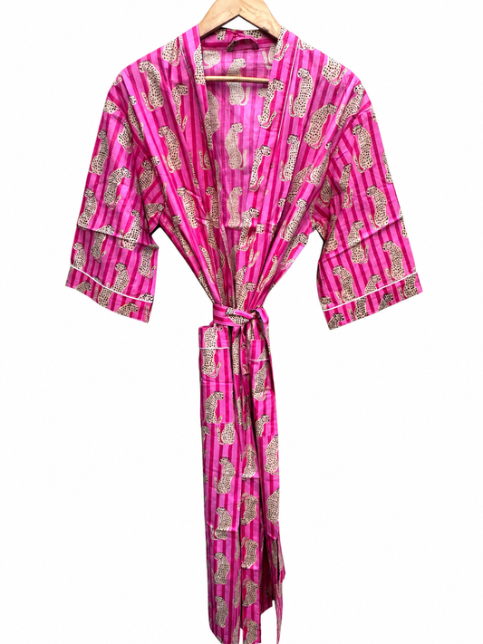 Pink Stripe and Leopard Kimono Dressing Gown